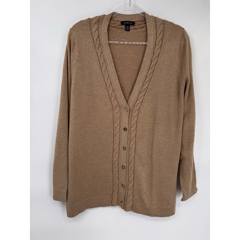 Lands' End Cardigan Sweater Womens 1X 16W-18W Gold Metallic Wool Blend Festive - Picture 2 of 16